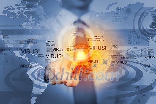 Image of businessman touching virus alert icon Image of businessman touching virus alert icon