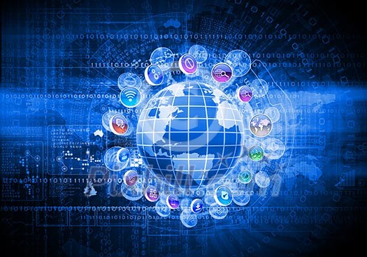 Digital image of globe with conceptual icons. Globalization concept Digital image of globe with conceptual icons. Globalization concept