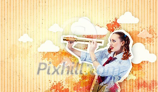 Image of young pretty woman looking in telescope Image of young pretty woman looking in telescope