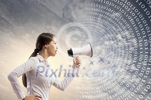 Image of young businesswoman screaming in megaphone Image of young businesswoman screaming in megaphone