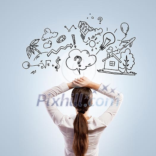 Back view of businesswoman looking at collage drawing Back view of businesswoman looking at collage drawing