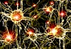 Illustration of a nerve cell on a colored background with light effects