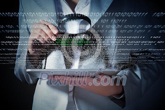 Businesswoman with magnifier glass examining binary code Businesswoman with magnifier glass examining binary code