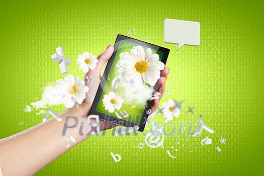 Closeup image of human hands holding ipad Closeup image of human hands holding ipad