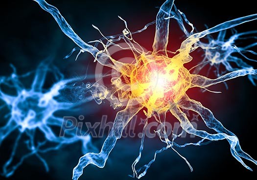 Illustration of a nerve cell on a colored background with light effects Illustration of a nerve cell on a colored background with light effects