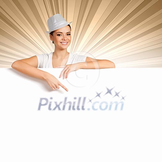 Attractive woman in hat with blank banner. Place for text Attractive woman in hat with blank banner. Place for text