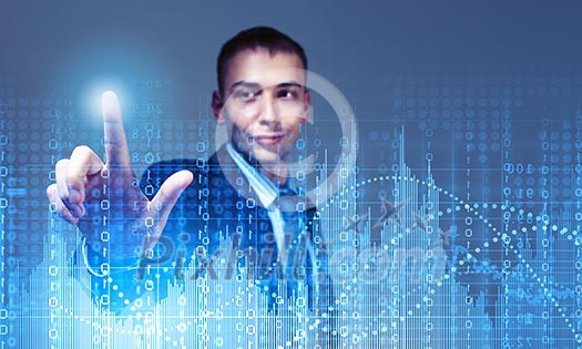Young businessman touching icon of media screen with binary code Young businessman touching icon of media screen with binary code