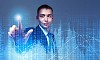 Young businessman touching icon of media screen with binary code