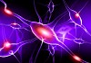 Illustration of a nerve cell on a colored background with light effects