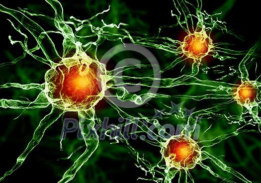 Illustration of a nerve cell on a colored background with light effects Illustration of a nerve cell on a colored background with light effects