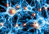 Illustration of a nerve cell on a colored background with light effects