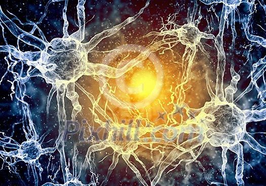 Illustration of a nerve cell on a colored background with light effects Illustration of a nerve cell on a colored background with light effects