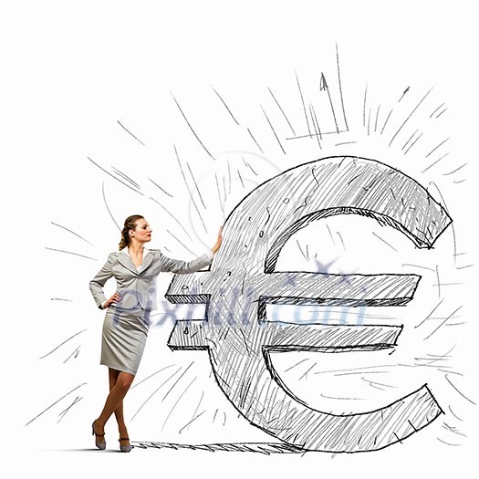 Image of confident businesswoman leaning on euro sign Image of confident businesswoman leaning on euro sign