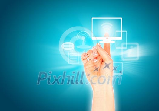 Close up of human hand pushing media icon Close up of human hand pushing media icon