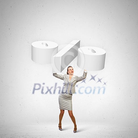 Image of businesswoman holding percentage symbol above head Image of businesswoman holding percentage symbol above head