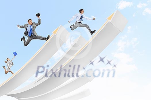 Young businesspeople jumping on white arrows. Growth concept Young businesspeople jumping on white arrows. Growth concept