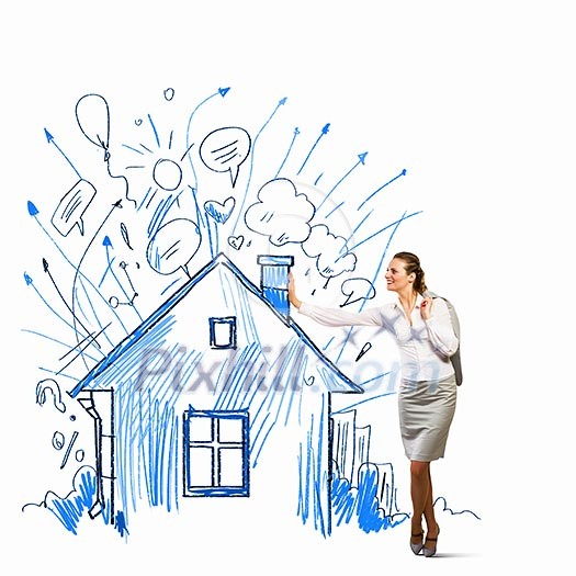 Image of businesswoman leaning on illustration. Construction concept Image of businesswoman leaning on illustration. Construction concept