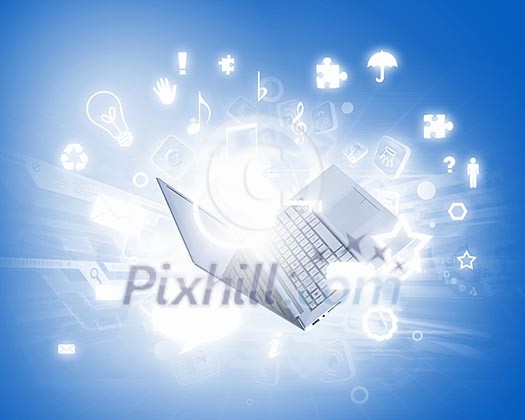 Background image with laptop and media icons Background image with laptop and media icons