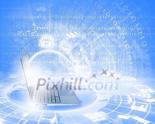 Background image with laptop and media icons Background image with laptop and media icons