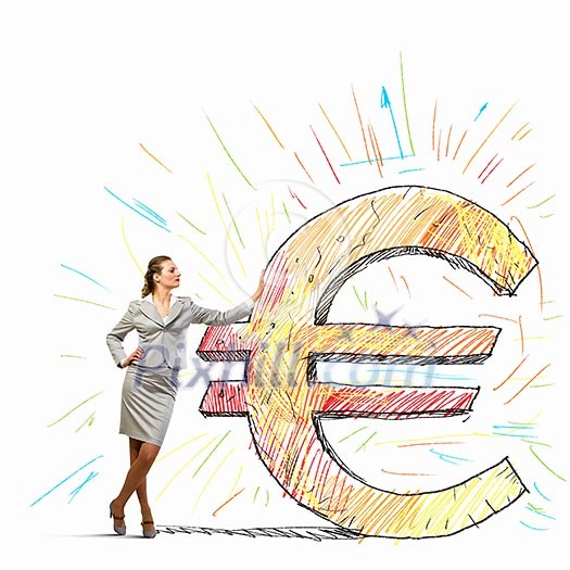 Image of confident businesswoman leaning on euro sign Image of confident businesswoman leaning on euro sign