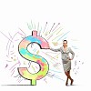 Image of confident businesswoman leaning on dollar sign