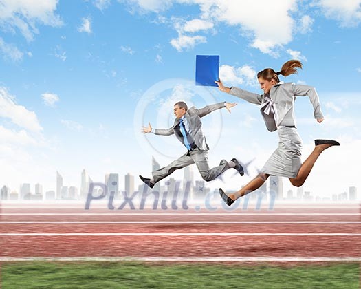 Image of business people running on tracks. Competition concept Image of business people running on tracks. Competition concept