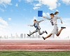 Image of business people running on tracks. Competition concept