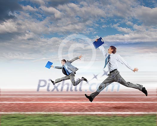 Image of business people running on tracks. Competition concept Image of business people running on tracks. Competition concept