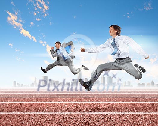 Image of business people running on tracks. Competition concept Image of business people running on tracks. Competition concept