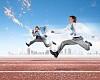 Image of business people running on tracks. Competition concept