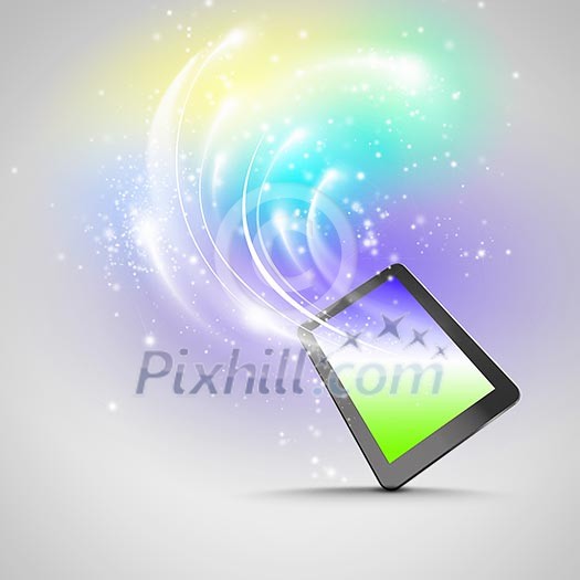 Image of tablet pc with color lights and splashes Image of tablet pc with color lights and splashes