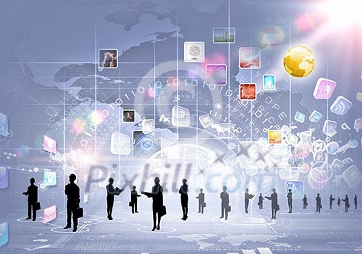 Business people silhouettes against grey media background with icons Business people silhouettes against grey media background with icons