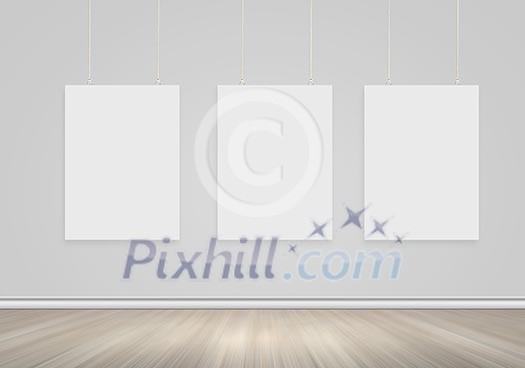 Three white blank banners hanging on wall. Place for text Three white blank banners hanging on wall. Place for text