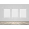 Three white blank banners hanging on wall. Place for text