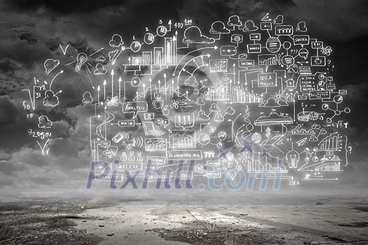Hand drawn business ideas sketch against nature background Hand drawn business ideas sketch against nature background