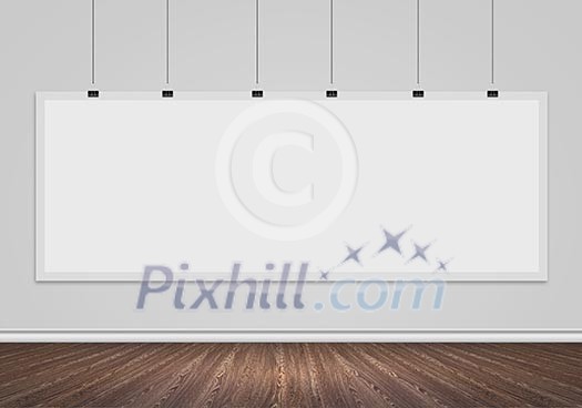 Blank banner hanging on wall. Place for text Blank banner hanging on wall. Place for text