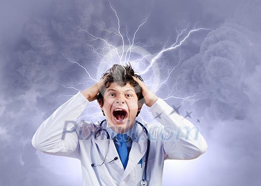 Young mad doctor in white uniform screaming Young mad doctor in white uniform screaming