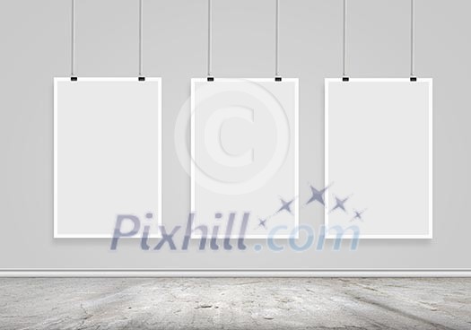 Three white blank banners hanging on wall. Place for text Three white blank banners hanging on wall. Place for text