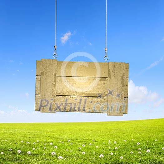 Wooden blank banner hanging on ropes. Place for text Wooden blank banner hanging on ropes. Place for text