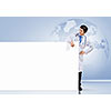 Young male doctor with blank banner. Place for text