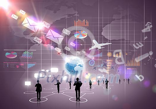 Business people silhouettes against media background with icons Business people silhouettes against media background with icons