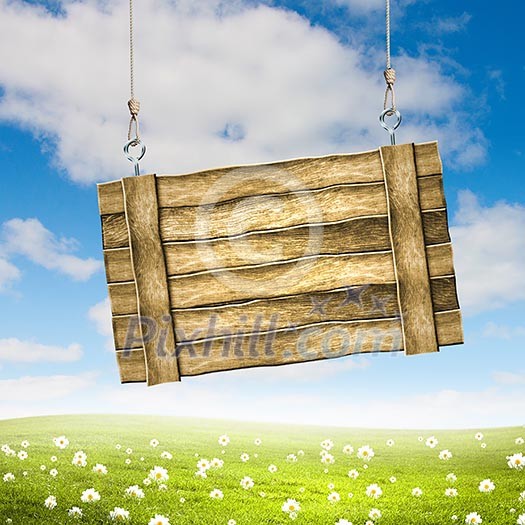 Wooden blank banner hanging on ropes. Place for text Wooden blank banner hanging on ropes. Place for text