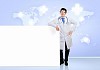 Young male doctor with blank banner. Place for text