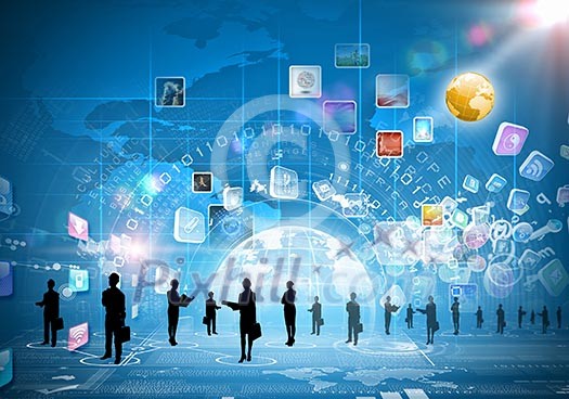 Business people silhouettes against blue media background with icons Business people silhouettes against blue media background with icons
