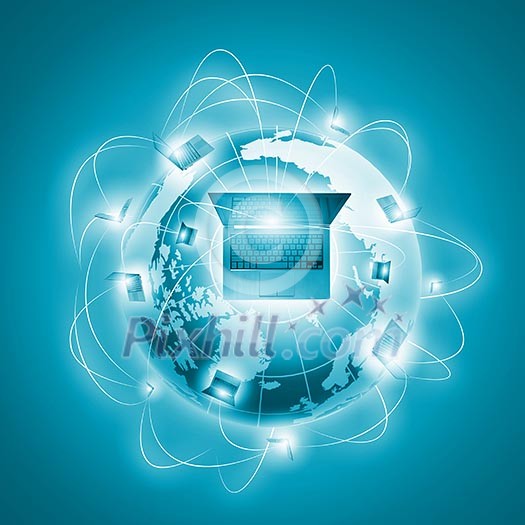 Laptops against globe blue illustration. Globalization concepts Laptops against globe blue illustration. Globalization concepts