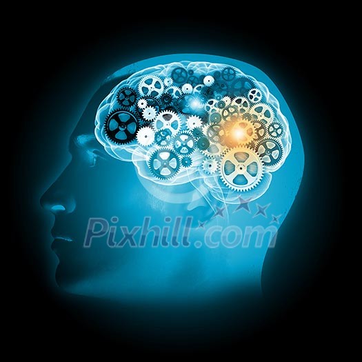 Illustration of human brain with cogwheel mechanisms Illustration of human brain with cogwheel mechanisms