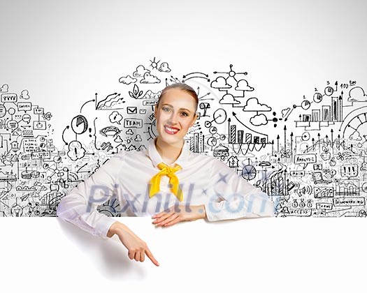 Young businesswoman holding white blank banner. Place for text Young businesswoman holding white blank banner. Place for text