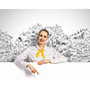 Young businesswoman holding white blank banner. Place for text