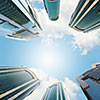 Bottom view of modern skyscraper. Business district