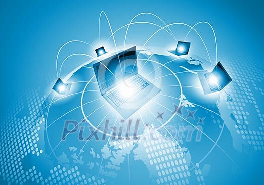 Laptops against globe blue illustration. Globalization concepts Laptops against globe blue illustration. Globalization concepts